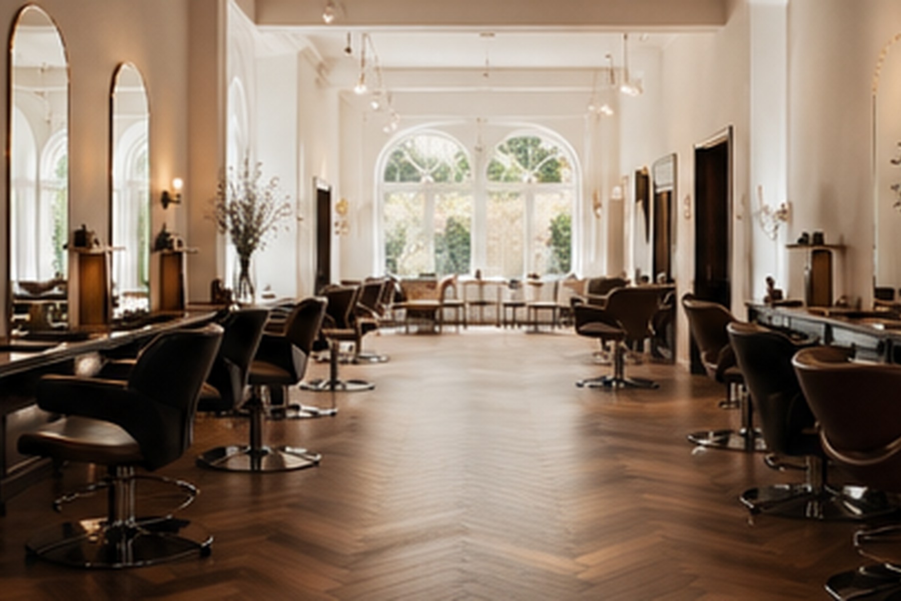 Premium hair salon interior with warm editorial lighting